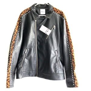 Zara Leather Jacket with Leopard designs on sleeve